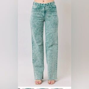 New Judy Blue HR Garment Dyed Straight Leg Raw Hem Dad Jeans Sea Green size 9